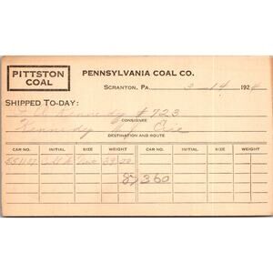 Pennsylvania Coal Co Pittston Coal Scranton PA 1920's Postal Mailing Card SPI7